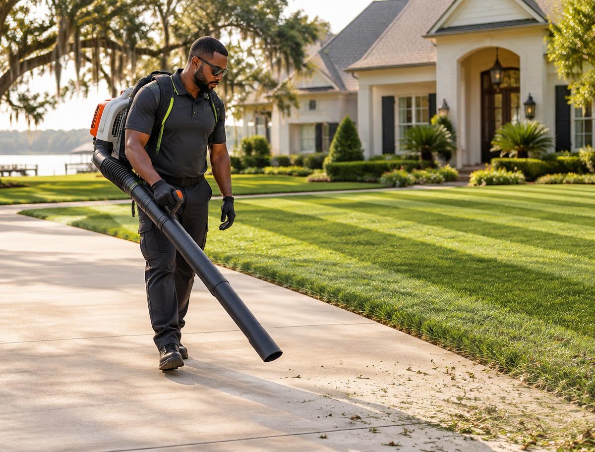 Blowing by a professional lawn care crew